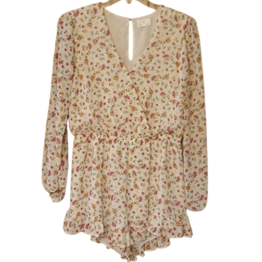 Free People Lost + Wander Cream Long Sleeve Floral Romper Size Large